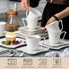 imageMALACASA Ivory White Cups and Saucers Set 18 Piece Porcelain White Dish Set with Dessert Plates Cups and Saucers Square Dinnerware Sets for 6 Series Amparo