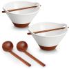 imageMALACASA 42 oz Ceramic Ramen Bowl Set with Wooden Spoon ampamp Chopsticks Japanese Style Soup Bowls for Ramen Pho Noodles  Set of 2 Microwave ampamp Dishwasher Safe Series TARA Brown and KhakiKhaki White