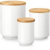 imageMALACASA Canisters Sets for the Kitchen Ceramic Kitchen Canisters for Countertop Coffee Jar with Airtight Wooden Lid Flour and Sugar Containers Set of 3 White Food Storage Jars for Tea Cereal Nut