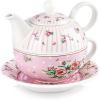 imageMALACASA Tea for One Set Teapot 11 Ounce and Cup 84 Ounce and 6 inch Saucers Porcelain Teapot and Cup Set Tea Pot with Lid Pink  Series Sweet TimePink