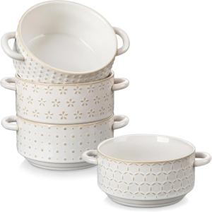 imageMALACASA 20oz Ceramic Soup Bowls with Handles Set of 4  Oven ampamp Microwave Safe French Onion Soup Bowls Unique Embossed Patterns Dishwasher Safe for Soups Stews ampamp Desserts Series LYDIA