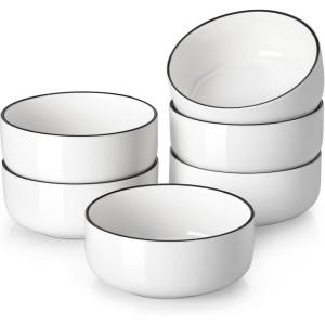 imageMALACASA 24 OZ Cereal Bowls Porcelain Soup Oatmeal Bowls Set of 6 Kitchen Ceramic Serving Bowl Dishwasher Microwave Oven Safe White Series LUNAIvory WhiteBlack Rim
