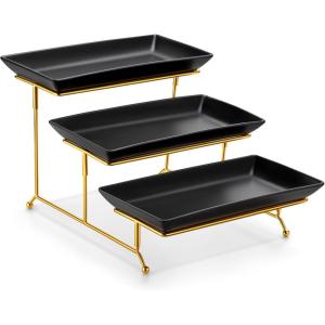 imageMALACASA 3 Tier Serving Trays for Party Porcelain Serving Platters and Trays 12 Inch Tiered Tray Stand Fruit Tray Trays for Serving Food White Dessert Stand with Collapsible Sturdier Metal RackBlack Gold