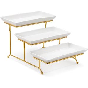 imageMALACASA 3 Tier Serving Trays for Party Porcelain Serving Platters and Trays 12 Inch Tiered Tray Stand Fruit Tray Trays for Serving Food White Dessert Stand with Collapsible Sturdier Metal RackWhite Gold