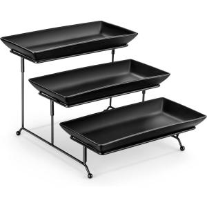 imageMALACASA 3 Tier Serving Trays for Party Porcelain Serving Platters and Trays 12 Inch Tiered Tray Stand Fruit Tray Trays for Serving Food White Dessert Stand with Collapsible Sturdier Metal RackBlack