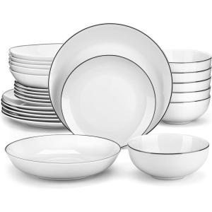 imageMALACASA 30Piece Gourmet Porcelain Dinnerware Sets Modern White Round Dish Set for 6  Premium Serving Plates and Bowls Sets for Dessert Salad Soup Pasta  Series AMELIAAMELIABlack Rim