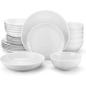 imageMALACASA 30Piece Gourmet Porcelain Dinnerware Sets Modern White Round Dish Set for 6  Premium Serving Plates and Bowls Sets for Dessert Salad Soup Pasta  Series AMELIAAMELIA White