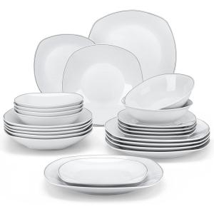 imageMALACASA 30Piece Gourmet Porcelain Dinnerware Sets Modern White Round Dish Set for 6  Premium Serving Plates and Bowls Sets for Dessert Salad Soup Pasta  Series AMELIAELISASilver Rim