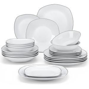 imageMALACASA 30Piece Gourmet Porcelain Dinnerware Sets Modern White Round Dish Set for 6  Premium Serving Plates and Bowls Sets for Dessert Salad Soup Pasta  Series AMELIAELISABlack Rim