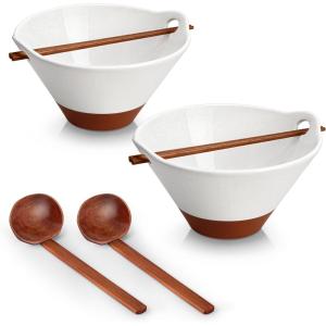 imageMALACASA 42 oz Ceramic Ramen Bowl Set with Wooden Spoon ampamp Chopsticks Japanese Style Soup Bowls for Ramen Pho Noodles  Set of 2 Microwave ampamp Dishwasher Safe Series TARA Brown and KhakiKhaki White