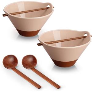 imageMALACASA 42 oz Ceramic Ramen Bowl Set with Wooden Spoon ampamp Chopsticks Japanese Style Soup Bowls for Ramen Pho Noodles  Set of 2 Microwave ampamp Dishwasher Safe Series TARA Brown and KhakiPink and Khaki