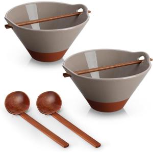 imageMALACASA 42 oz Ceramic Ramen Bowl Set with Wooden Spoon ampamp Chopsticks Japanese Style Soup Bowls for Ramen Pho Noodles  Set of 2 Microwave ampamp Dishwasher Safe Series TARA Brown and KhakiBrown and Khaki