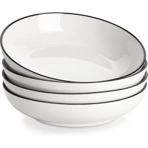 imageMALACASA 885quot Large Pasta Bowls 42 OZ White Salad Bowls Soup Bowls Porcelain Serving Bowls Set of 4 Ivory White ampamp Black Rim Microwave ampamp Dishwasher Safe Series REGULARIvory White Black Rim