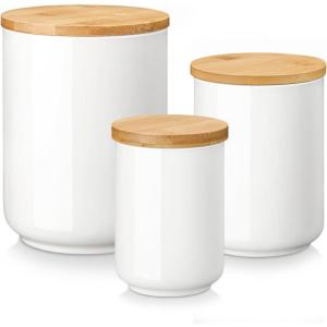 imageMALACASA Canisters Sets for the Kitchen Ceramic Kitchen Canisters for Countertop Coffee Jar with Airtight Wooden Lid Flour and Sugar Containers Set of 3 White Food Storage Jars for Tea Cereal Nut