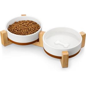 imageMALACASA Ceramic Dog Bowls Dog WaterFood Dish with Wood Stand NonSlip14oz Pet Basic Bowls for Your Puppy Small Dogs or CatsGlaze Matte Weighted NonSlip S15 CupsS15 Cups