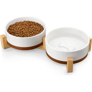 imageMALACASA Ceramic Dog Bowls Dog WaterFood Dish with Wood Stand NonSlip14oz Pet Basic Bowls for Your Puppy Small Dogs or CatsGlaze Matte Weighted NonSlip S15 CupsM35 Cups