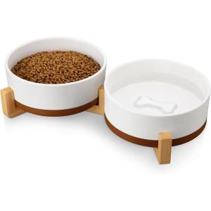 imageMALACASA Ceramic Dog Bowls Dog WaterFood Dish with Wood Stand NonSlip14oz Pet Basic Bowls for Your Puppy Small Dogs or CatsGlaze Matte Weighted NonSlip S15 CupsL6 Cups