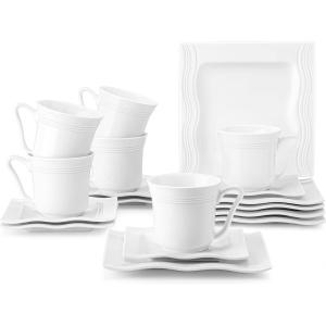 imageMALACASA Dessert Plates Cups and Saucers 18Pieces Porcelain Ivory White Square Dinnerware Sets with 725 Appetizer Plates 7oz Cups and 53 Saucers Service for 6 Mario Series