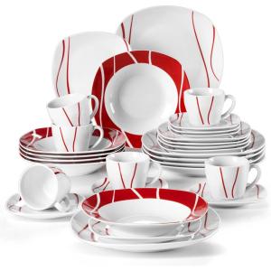 imageMALACASA Dinnerware Sets 30Piece Porcelain Square Dishes Gray White with Red Rim Modern Dish Set for 6  Plates and Bowls Sets Cups and Saucers Set  Series FELISA