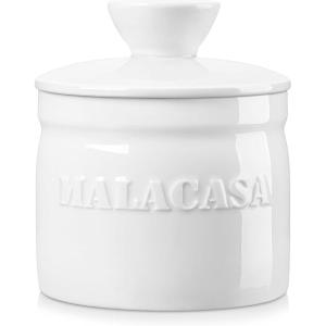 imageMALACASA French Butter Crock for Counter with Lid Ceramic Butter Dish Keeper with Water Line Butter Container for Fresh Spreadable Butter Series REG White