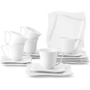 imageMALACASA Ivory White Cups and Saucers Set 18 Piece Porcelain White Dish Set with Dessert Plates Cups and Saucers Square Dinnerware Sets for 6 Series Amparo