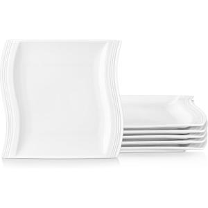 imageMALACASA Ivory White Dinner Plates Set of 6 1025 Inch Square Ceramic Plates Microwave and Dishwasher Safe Flora Series
