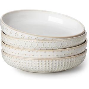 imageMALACASA Pasta Bowls 48 Oz 95 Inch Large Salad Bowls Modern Relief Design Ceramic Serving Bowls Wide and Shallow Plates Pasta Plates Microwave ampamp Dishwasher Safe Set of 4 Series LYDIA