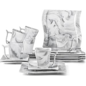 imageMALACASA Plates and Cups Set 18Piece Porcelain Square Dinnerware Sets with 8  Dessert Plates 7 OZ Coffee Mugs and 54 Saucers Marble Dish Set for 6 Series Flora