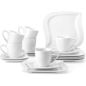 imageMALACASA Porcelain Tea Cups and Saucers 18Piece White Cappuccino Cups CombiSet Coffee Set With Dessert Plates Mugs for Coffee Espresso and Latte Service for 6 Series Elvira