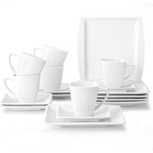 imageMALACASA Square Dessert Plates Cups and Saucers Set 18Pieces Porcelain Ivory White Coffee Sets Serving Dish Set with 8inch Dessert Plates 7 oz Mugs Service for 6 Series Blance