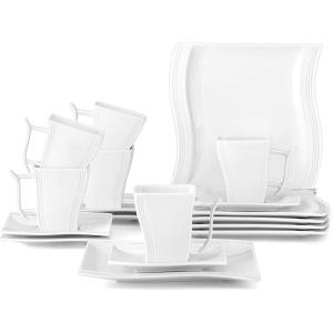imageMALACASA Square Dinnerware Set 18Piece Ivory White Espresso Cups with Saucers Porcelain Coffee Set With 8  Dessert Plates 7 OZ Coffee Mugs and 54 Saucers Dish Set for 6 Series Flora