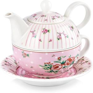 imageMALACASA Tea for One Set Teapot 11 Ounce and Cup 84 Ounce and 6 inch Saucers Porcelain Teapot and Cup Set Tea Pot with Lid Pink  Series Sweet TimePink
