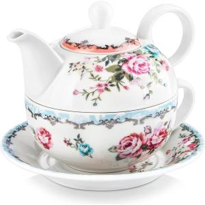 imageMALACASA Tea for One Set Teapot 11 Ounce and Cup 84 Ounce and 6 inch Saucers Porcelain Teapot and Cup Set Tea Pot with Lid Pink  Series Sweet Timepink and blue