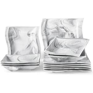 imageMALACASA 12 Piece Porcelain Dinnerware Set Marble Grey Square Plates and Bowls Dinnerware Sets for 6 Modern Dining Ware Set Series Flora