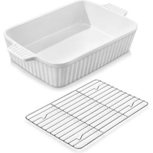 imageMALACASA 44 QT Baking Dish 9x13 Large Casserole Dish for Oven Ceramic Baking Pan Rectangular Lasagna Pan Deep with Handles for Baking Durable Microwave Oven Safe Blue Series BAKEBAKEWhitewith Rack