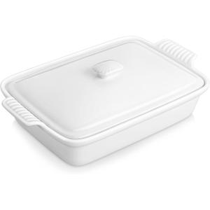 imageMALACASA 44 Quart Baking Dish With Lid Porcelain Casserole dish with Lid 13 x 9 Lasagna Pan Deep with Lid Rectangular Bakeware With Handle Microwave Oven Safe White Series BAKE34 QT  White