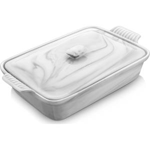 imageMALACASA 44 Quart Baking Dish With Lid Porcelain Casserole dish with Lid 13 x 9 Lasagna Pan Deep with Lid Rectangular Bakeware With Handle Microwave Oven Safe White Series BAKE34 QT  Marble Grey