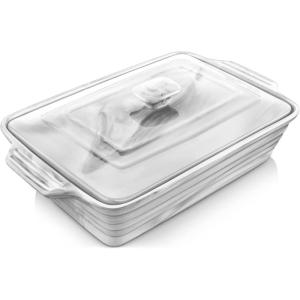 imageMALACASA 44 Quart Baking Dish With Lid Porcelain Casserole dish with Lid 13 x 9 Lasagna Pan Deep with Lid Rectangular Bakeware With Handle Microwave Oven Safe White Series BAKE44 QT  Marble Grey