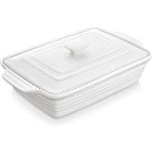 imageMALACASA 44 Quart Baking Dish With Lid Porcelain Casserole dish with Lid 13 x 9 Lasagna Pan Deep with Lid Rectangular Bakeware With Handle Microwave Oven Safe White Series BAKE44 QT  White