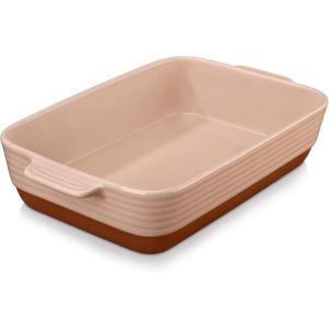 imageMALACASA Baking Dish 48 Qt Ceramic Casserole ampamp Lasagna Pan 9x13 Inch Deep Rectangular Oven Safe Dish with Handles for Baking Roasting Serving Khaki ampamp White  Series TaraPink and Khaki