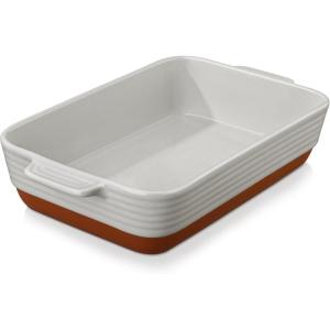 imageMALACASA Baking Dish 48 Qt Ceramic Casserole ampamp Lasagna Pan 9x13 Inch Deep Rectangular Oven Safe Dish with Handles for Baking Roasting Serving Khaki ampamp White  Series TaraGray and Khaki