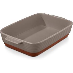 imageMALACASA Baking Dish 48 Qt Ceramic Casserole ampamp Lasagna Pan 9x13 Inch Deep Rectangular Oven Safe Dish with Handles for Baking Roasting Serving Khaki ampamp White  Series TaraBrown and Khaki