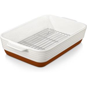imageMALACASA Baking Dish 48 Qt Ceramic Casserole ampamp Lasagna Pan 9x13 Inch Deep Rectangular Oven Safe Dish with Handles for Baking Roasting Serving Khaki ampamp White  Series TaraWhite with Rack
