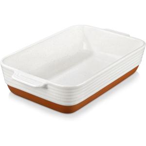 imageMALACASA Baking Dish 48 Qt Ceramic Casserole ampamp Lasagna Pan 9x13 Inch Deep Rectangular Oven Safe Dish with Handles for Baking Roasting Serving Khaki ampamp White  Series TaraKhaki White