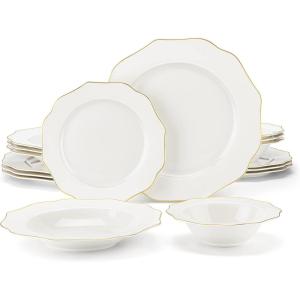 imageMALACASA Bone China Dinnerware Set 16 Pieces CreamWhite Plates and Bowls Sets with Gold Rim Serving Plates and Small Bowls for Dessert Salad Soup Pasta Cereal Scratch Resistant Series LOTUS