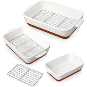 imageMALACASA Casserole Dishes for Oven Ceramic Baking Dishes Set of 3 Baking Pan Casserole Dish Set Rectangular Lasagna Pan Deep with Handles for Baking Khaki White 14513105 Series TARAWith Racks