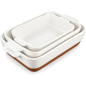 imageMALACASA Casserole Dishes for Oven Ceramic Baking Dishes Set of 3 Baking Pan Casserole Dish Set Rectangular Lasagna Pan Deep with Handles for Baking Khaki White 14513105 Series TARAWithout Racks