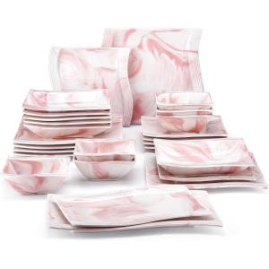 imageMALACASA Dinnerware Sets 30Piece Pink Plates and Bowls Sets for 6 Porcelain Dinnerware Set with Plates and Bowls Cups and Sacuers Square Dish Set Modern Dining Ware Set Series FloraPink
