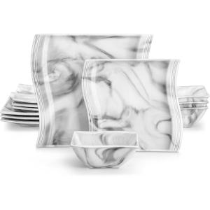 imageMALACASA Dinnerware Sets 30Piece Pink Plates and Bowls Sets for 6 Porcelain Dinnerware Set with Plates and Bowls Cups and Sacuers Square Dish Set Modern Dining Ware Set Series FloraMarble Grey