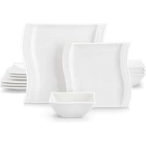 imageMALACASA Dinnerware Sets 30Piece Pink Plates and Bowls Sets for 6 Porcelain Dinnerware Set with Plates and Bowls Cups and Sacuers Square Dish Set Modern Dining Ware Set Series FloraIvory White